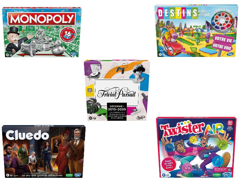Les jeux de société Monopoly, Destinos et Twister Air.