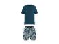 T-shirt bleu et short rayé.