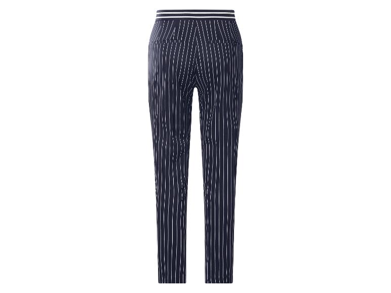 Damesbroek in marineblauw met witte strepen en elastische tailleband.