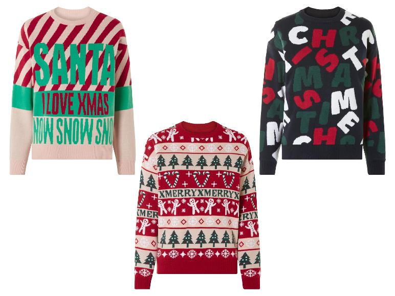 Trois pulls de Noël avec différents motifs de Noël.