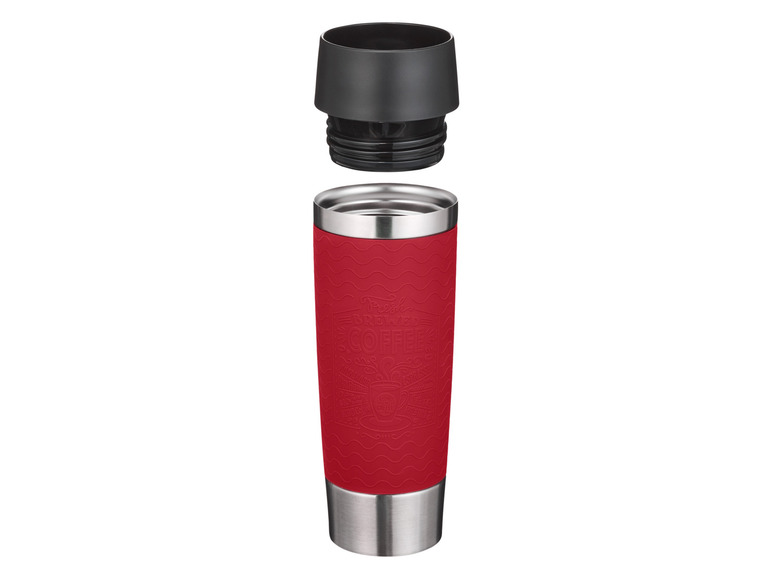 Une gourde rouge avec le texte 'Fresh Brewed Coffee'