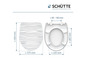 Een witte toiletbril met golfpatroon van Schütte met afmetingen.
