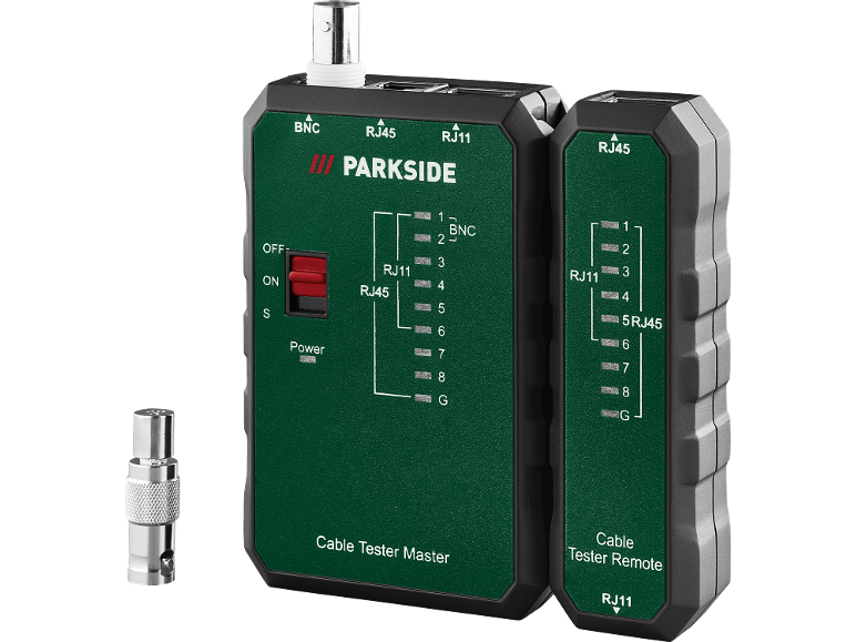 Ensemble de testeurs de câbles Parkside avec unité principale et unité distante pour connecteurs RJ11, RJ45 et BNC.