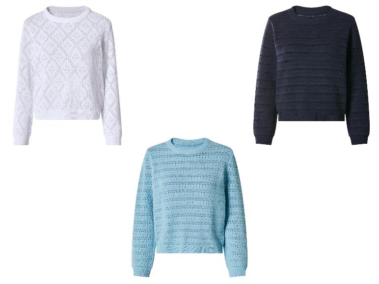 Trois pulls ajourés pour femme en blanc, bleu et bleu marine.
