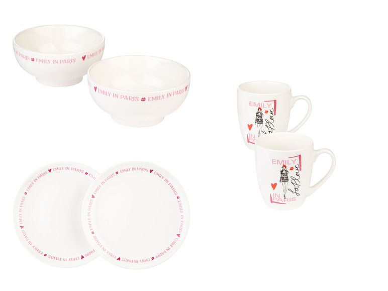 Deux tasses avec le motif 'Emily in Paris' et deux bols avec le texte 'Emily in Paris'.