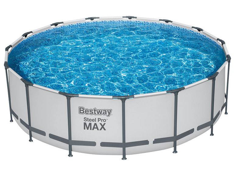 Een Bestway Steel Pro MAX zwembad, gevuld met water.