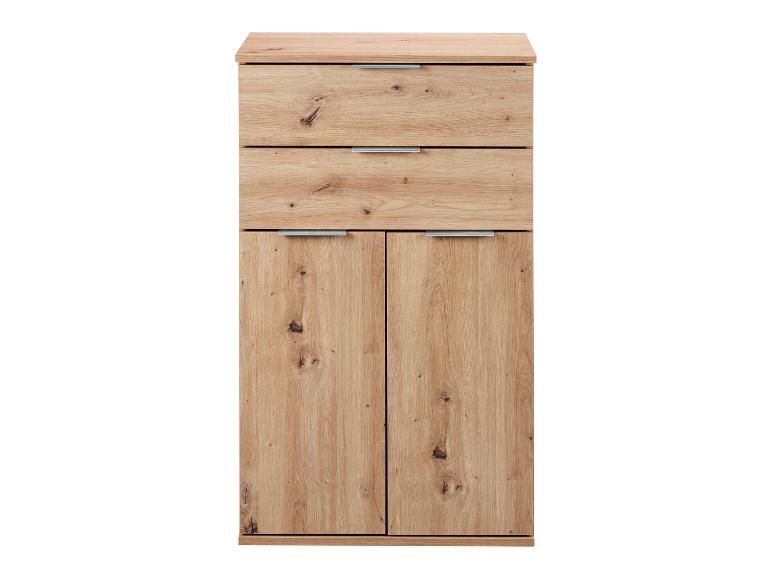 Meuble haut en bois avec deux tiroirs et deux portes inférieures.