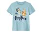 T-shirt enfant bleu clair avec deux chiens de dessin animé et le texte « Let's Explore ».