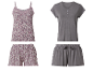Twee dames pyjama sets: één met bloemenprint, één grijs.