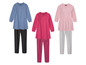 Drie sets kinderkleding met lange mouwen: blauwe top met zwarte leggings, roze top met gestreepte leggings en roze top met grijze leggings.