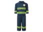 Kinderbrandweerkostuum met een donkerblauwe jas en broek, voorzien van reflecterende gele en grijze strepen.
