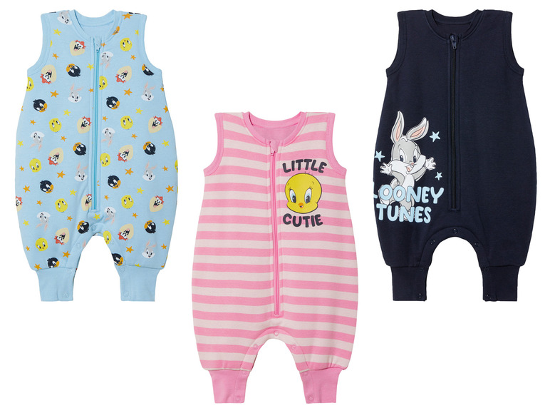 Trois gigoteuses pour bébés avec un motif Looney Tunes.