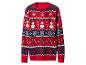 Pull de Noël rouge avec des motifs hivernaux, y compris des bonhommes de neige et des flocons.