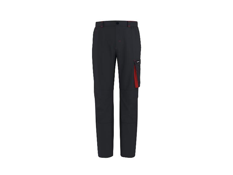 Pantalon de travail foncé avec détails rouges et poches cargo.