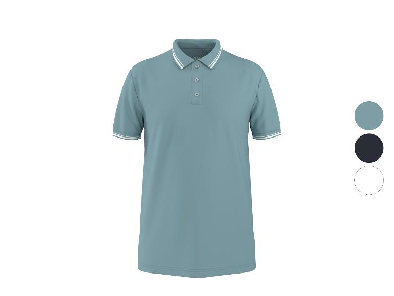 Blauwe polo met korte mouwen, gestreepte kraag en manchetten, met kleuropties.