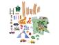 Houten treinbaan- en puzzelset met dinosaurussen, voertuigen en stripfiguren.