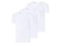 Trois t-shirts blancs à manches courtes et col rond, empilés en diagonale.