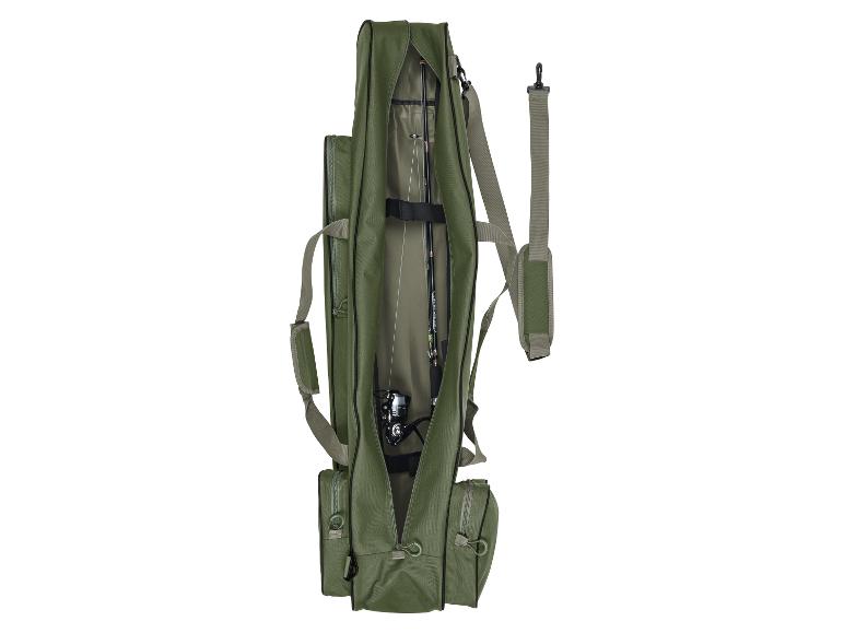 Sac de pêche vert olive contenant une canne à pêche et un moulinet.