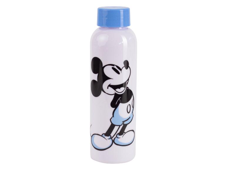 Een witte waterfles met een afbeelding van Mickey Mouse.