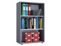 Een grijze boekenkast met ringbinders, boeken en dozen.