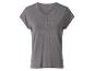 Een donkergrijs dames t-shirt met korte mouwen en knoopsluiting.