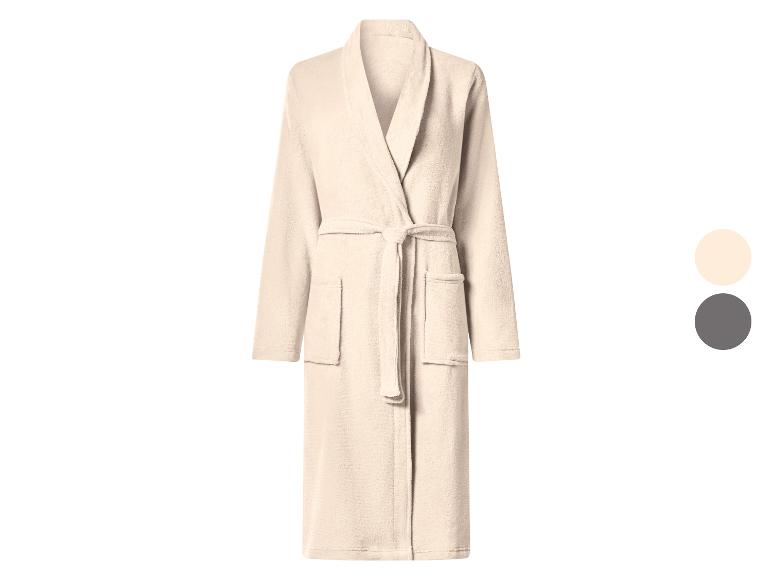 Peignoir en coton beige avec ceinture et poches, avec options de couleur beige et gris.