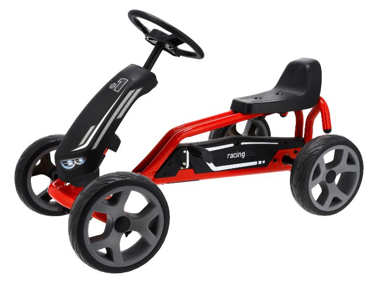 Kart à pédales rouge et noir avec le texte 'racing' et le numéro '1'.