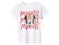 Wit T-shirt met een Minnie Mouse gezichtsprint en de naam 'MINNIE' herhaald in rood.