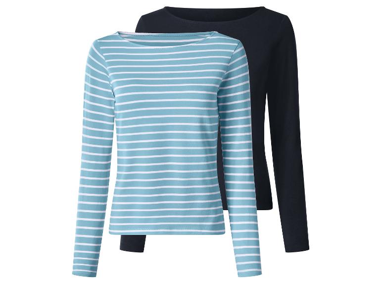 Deux hauts à manches longues pour femmes : un rayé turquoise et blanc, un noir.