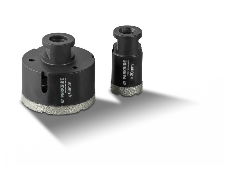 Twee Parkside Performance diamantboorkronen, een van 68 mm en een van 30 mm.