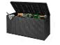 Coffre de rangement en rotin noir avec outils de jardin, 119x52x58.5 cm