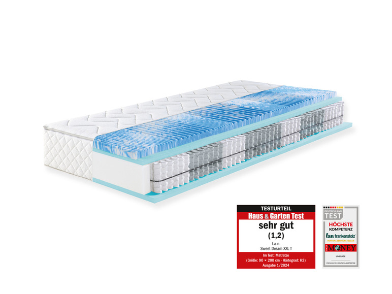 Une coupe transversale d'un matelas Sweet Dream XXL T, évalué 'très bon' dans le test Haus & Garten Test.
