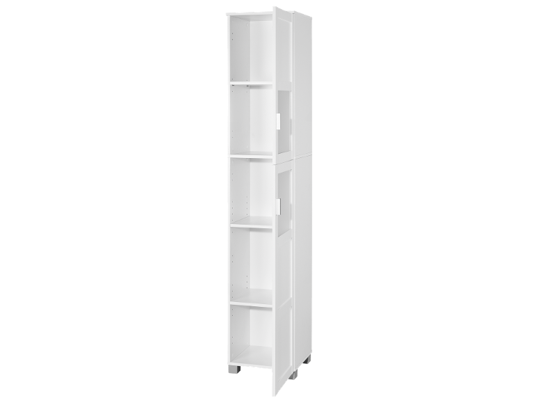 Armoire haute blanche avec cinq étagères ouvertes et deux placards fermés.