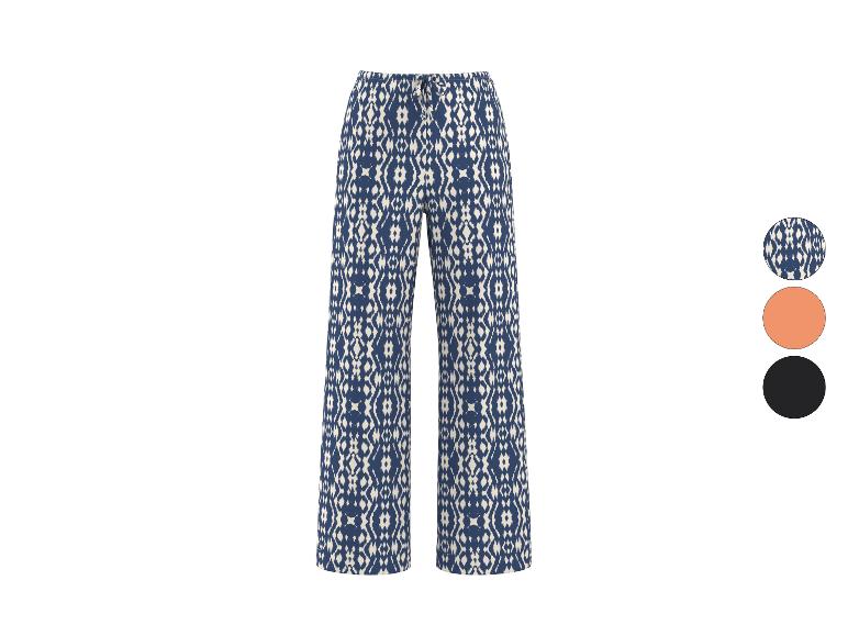 Pantalon large à motif ikat bleu et blanc, avec options de couleur orange et noir.
