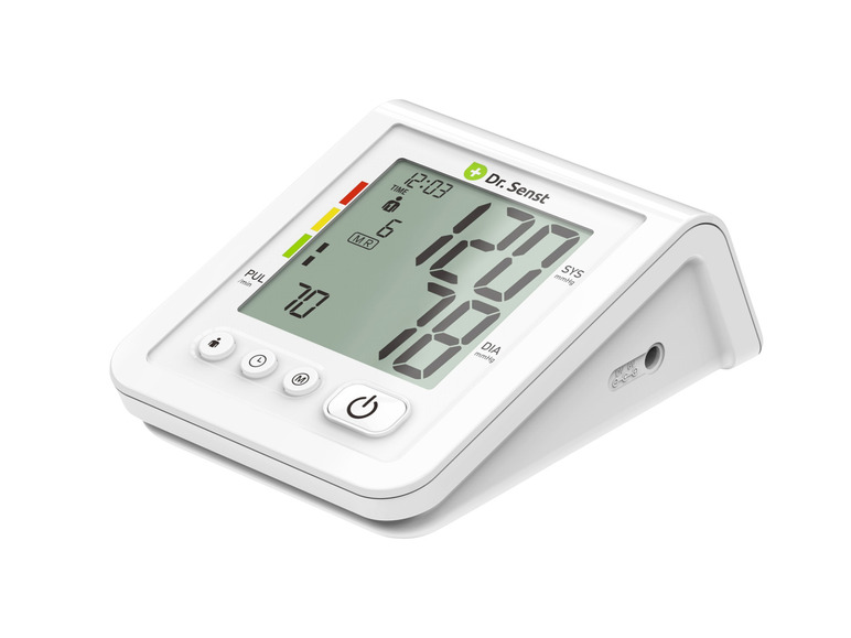Un tensiomètre blanc Dr. Senst avec un écran numérique.