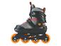 Rollers en ligne noirs et gris avec roues et détails orange.
