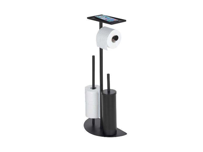 Zwarte metalen toiletrolhouder met reserve rol en toiletborstel.