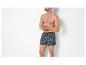 Man in geruite boxershorts, staand tegen een witte achtergrond.