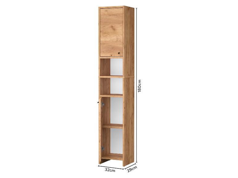Hoge houten kast met bovendeur en open planken, afmetingen 180x32x29cm.