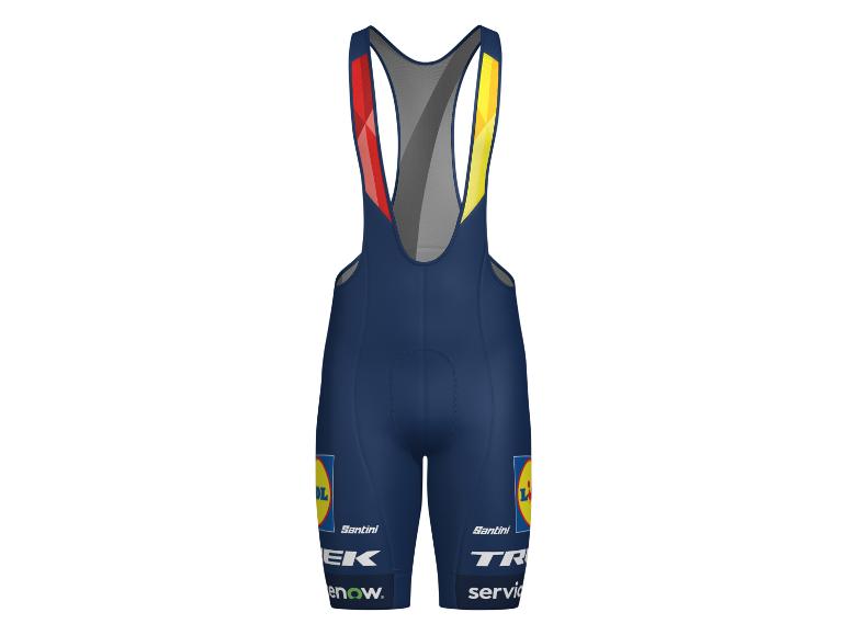 Donkerblauwe fietsbroek met rode en gele bretels.