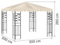 Pavillon de jardin avec toile beige et structure en métal noir avec motif de feuilles.
