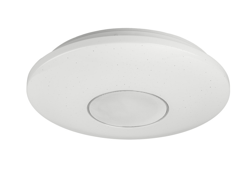 Un plafonnier blanc avec un haut-parleur intégré.