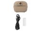 Beige miniprinter met papierrol en USB-kabel.