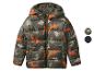 Veste matelassée pour enfant avec imprimé dinosaures, disponible en vert olive et bleu marine.