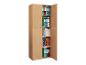 Houten kast met open deuren, gevuld met ordners en designboeken.