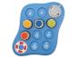 Blauw visspel met gekleurde stukken en een haaienfiguur