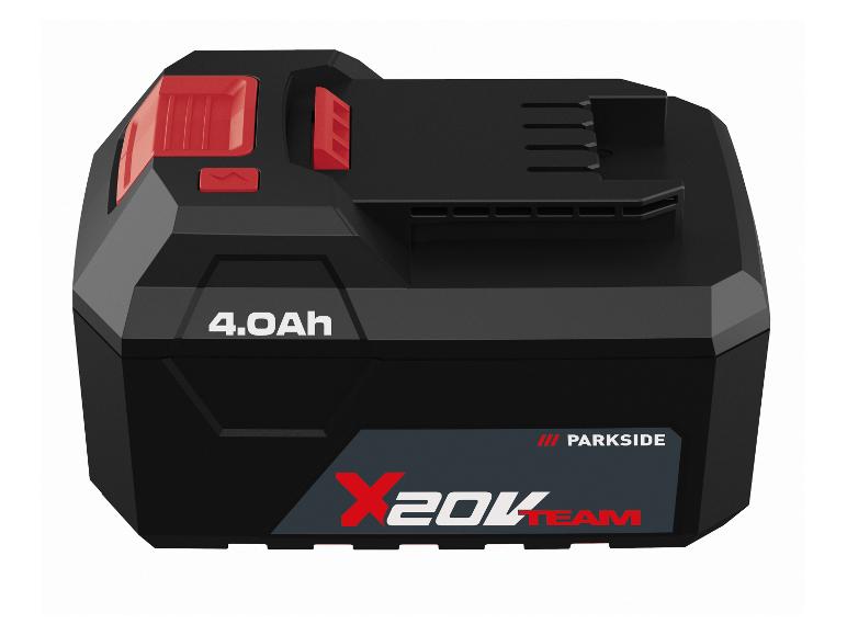 Batterie d'outil électrique noire avec des détails rouges, 4.0Ah, 20V.
