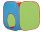 Tente de jeu pop-up colorée en bleu, vert et rouge, avec une ouverture circulaire.