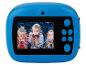 Blauwe kindercamera met scherm waarop kinderen confetti blazen.