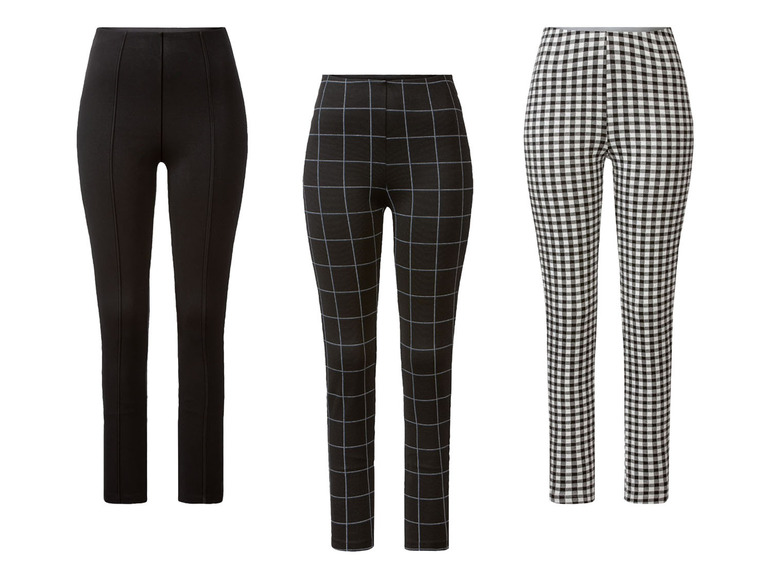 Trois types de leggings : noir, à carreaux et à rayures.